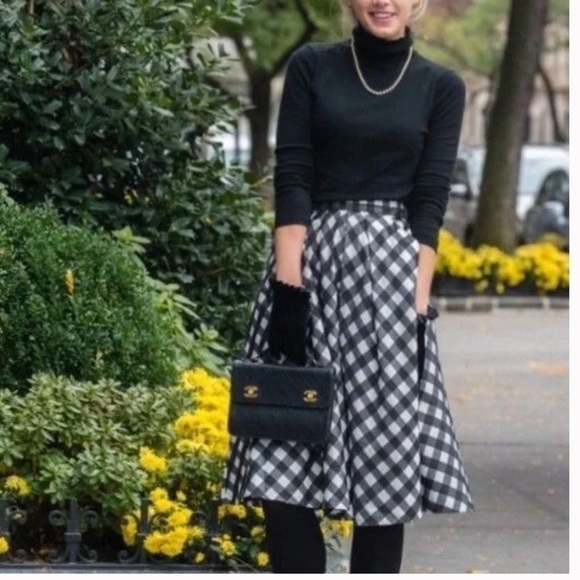 Talbots NWT Black White Buffalo Plaid Pleated Midi A Line Pocket Taffeta Skirt 2 - Picture 1 of 11